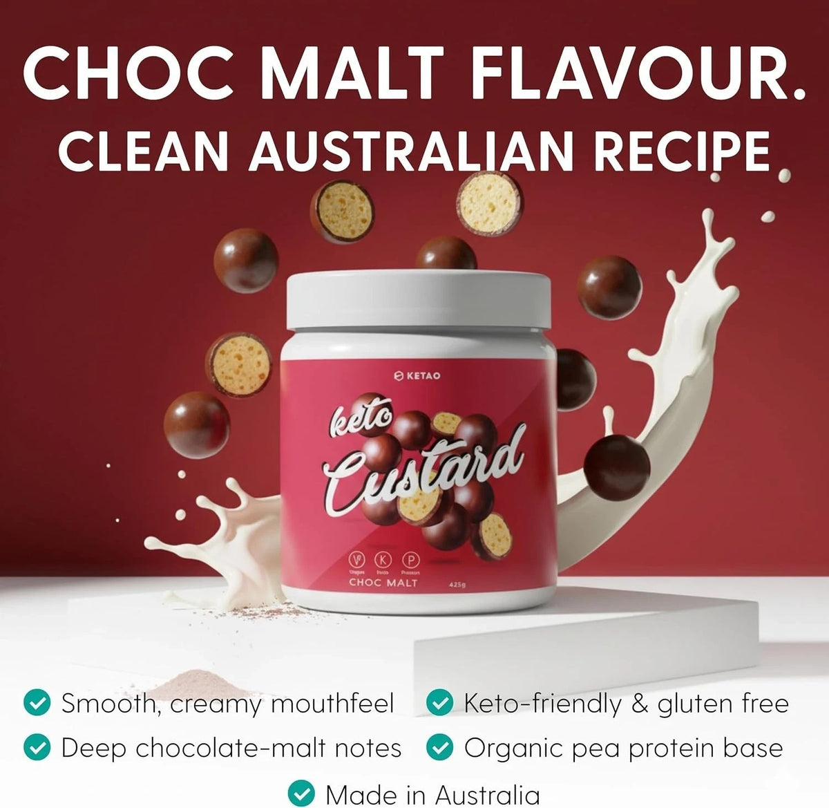 2X KETAO Custard Choc Malt VEGAN Pea Protein Low Carb Gluten & DAIRY FREE 425g