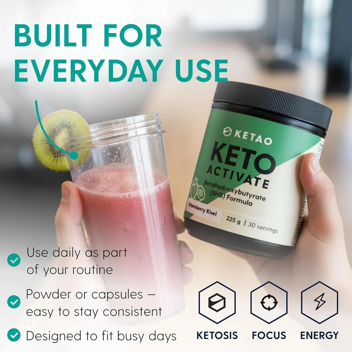 2 Pack KETAO Activate BHB Powder Strawberry Kiwi Energy Prebiotic VEGAN 225g