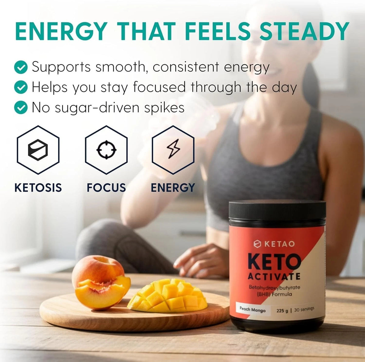 2 Pack KETAO Activate BHB Powder Peach Mango Energy Focus Prebiotic VEGAN 225g
