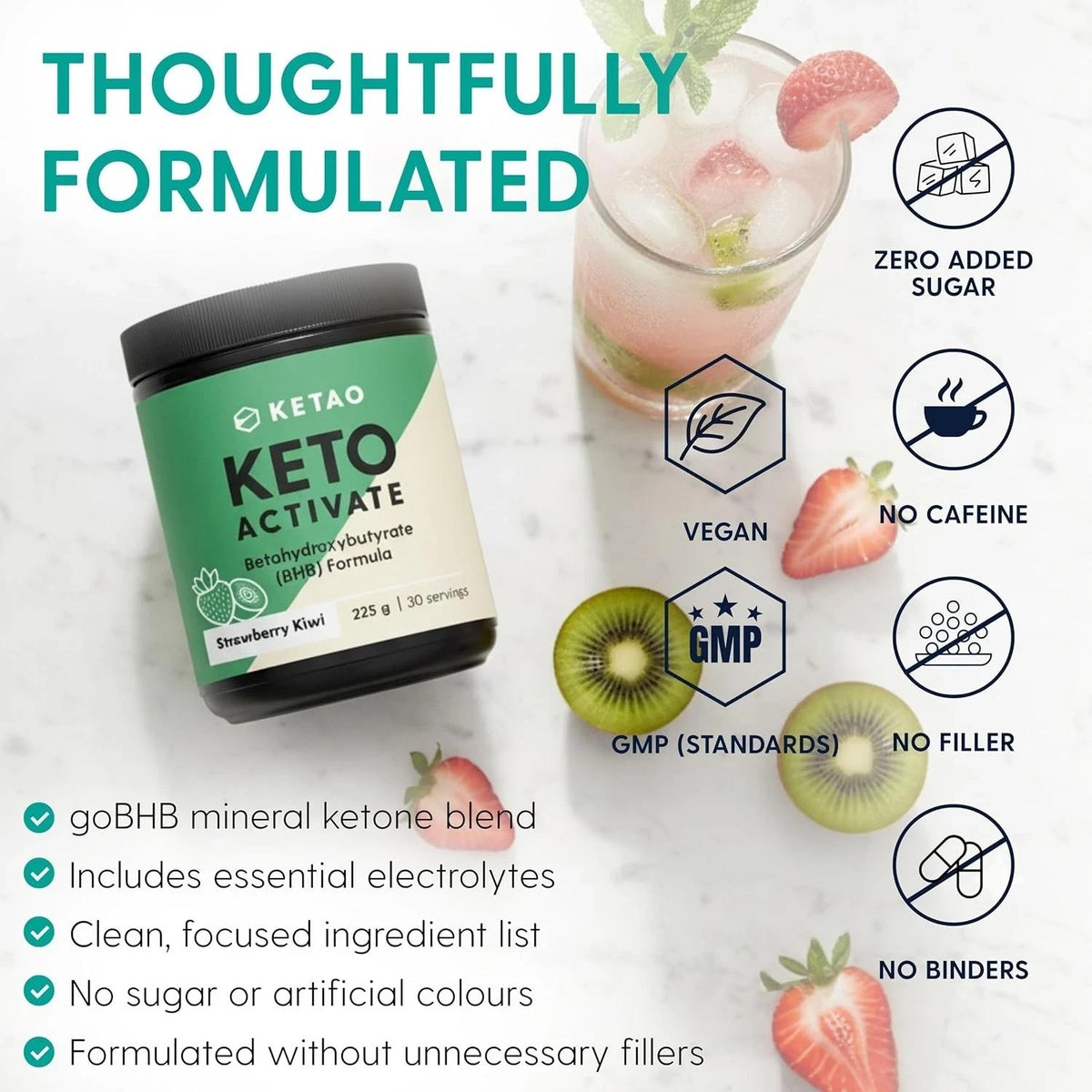2 Pack KETAO Activate BHB Powder Strawberry Kiwi Energy Prebiotic VEGAN 225g