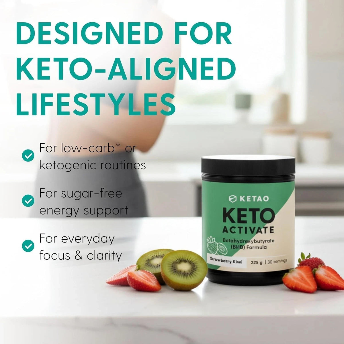 2 Pack KETAO Activate BHB Powder Strawberry Kiwi Energy Prebiotic VEGAN 225g