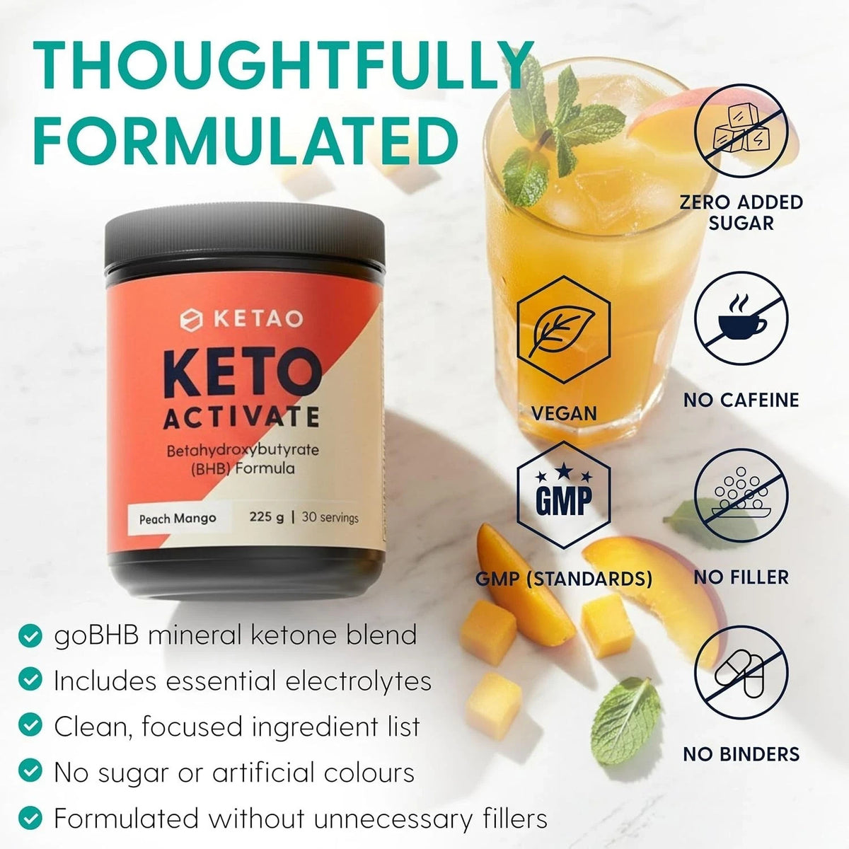 2 Pack KETAO Activate BHB Powder Peach Mango Energy Focus Prebiotic VEGAN 225g